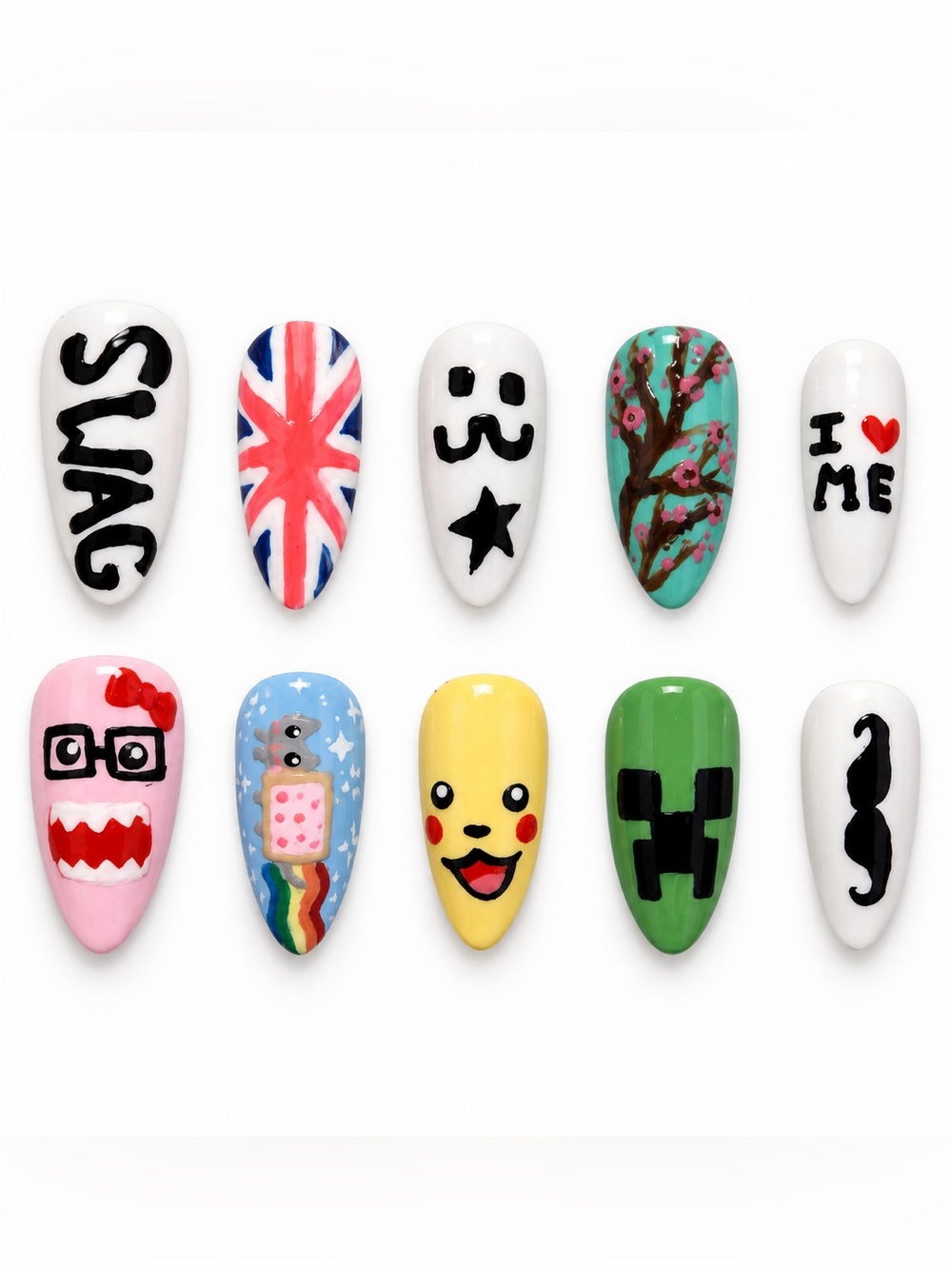 Handmade Decorative Press-On Nail Set - Multicolor Cute Designs